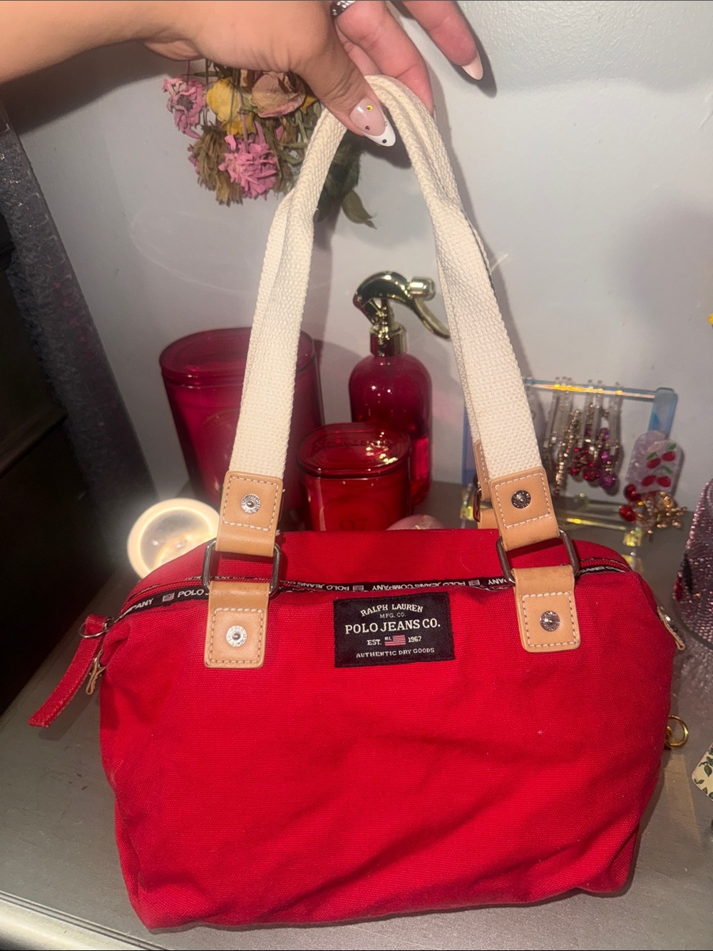Vintage Polo by Ralph Lauren Red Canvas Tote with Cream Handles